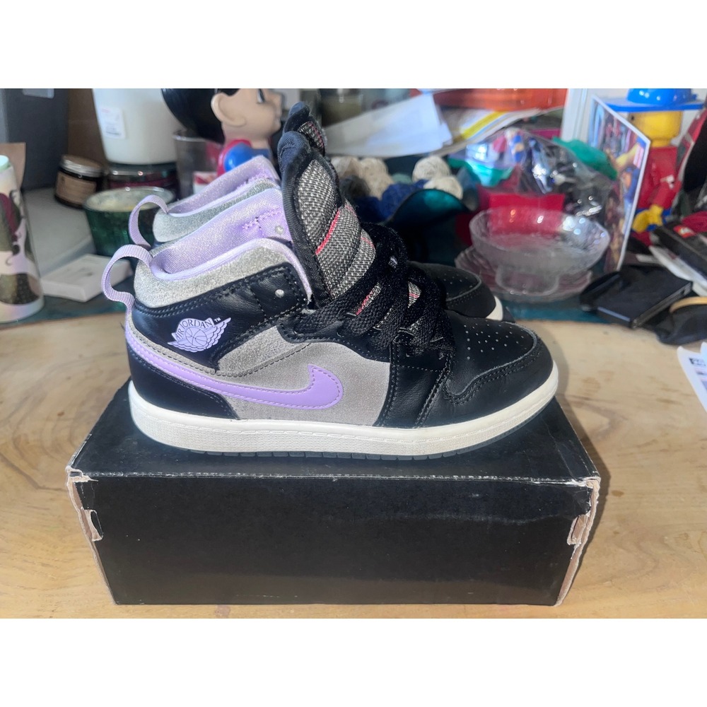 Nike Air Jordan 1 Mid Black Lilac White Plaid Sneakers DC7227-015 Kids Size 1Y